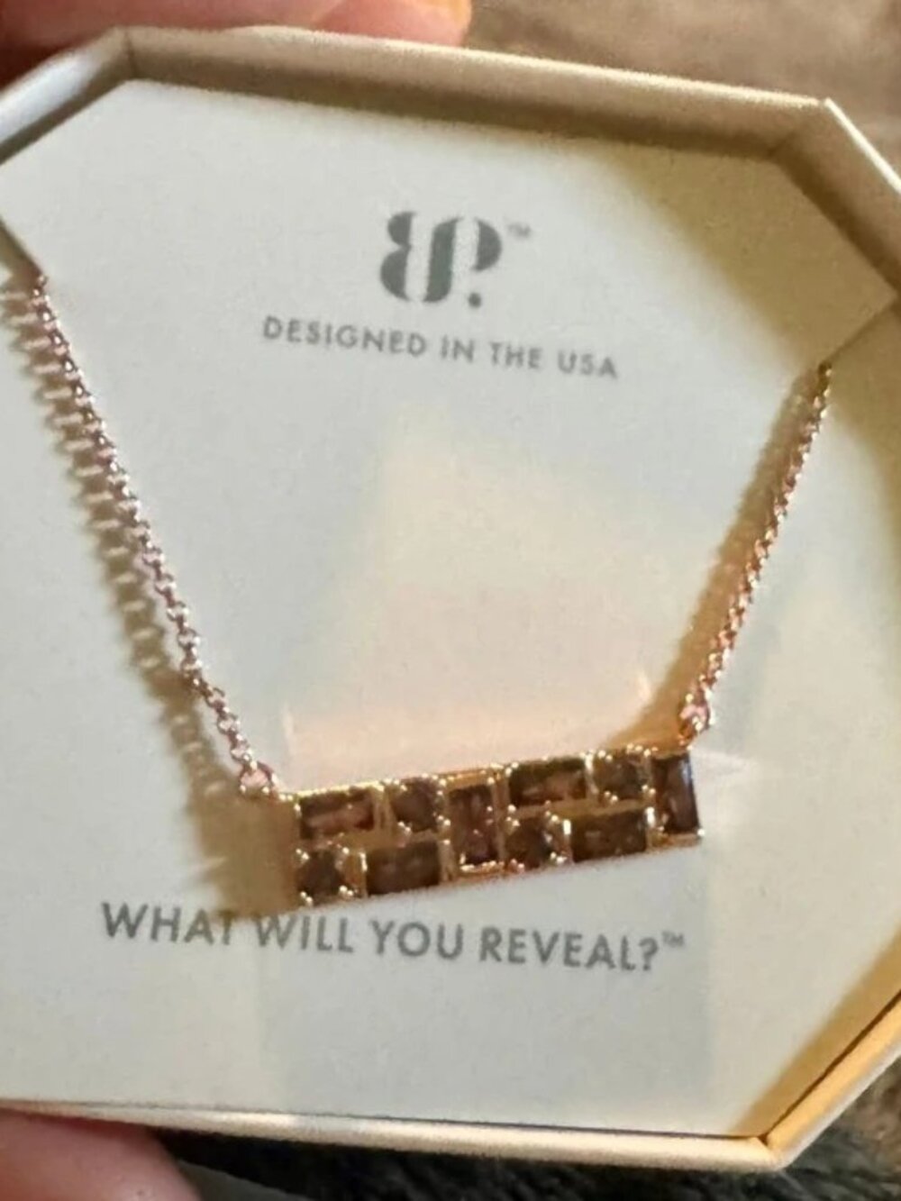 Bomb Party “Geometric Diva” Rose Gold Baguette Crystal Bar Necklace